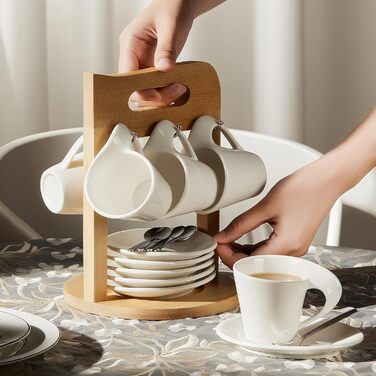 Набір еспресо-чашок з дерев'яним підставкою, 6 шт. по 80 мл, порцеляна, товстостінні, з підставками, для 6 осіб