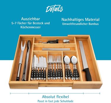 Органайзер для столових приборів Gräwe з бамбука для кухонних шухляд, змінний, розсувний (36.5-56.5 см)