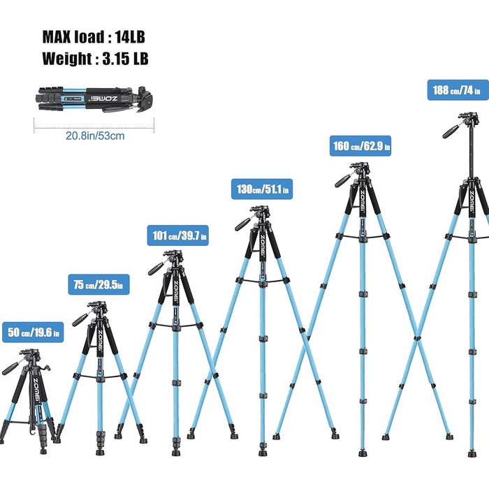 Штатив ZOMEi 188см - професійний для фото та відео, сумісний з DSLR, телефонами, проекторами (чорний, блакитний)