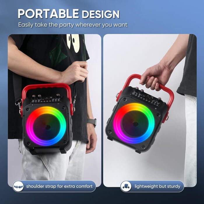 Wowstar Караоке Машина з 2 мікрофонами, Портативна Bluetooth Колонка з підсвічуванням для дорослих/дітей, PA Комплект, Підтримка TF/USB, FM, запис, AUX, TWS, для вечірок (червона)