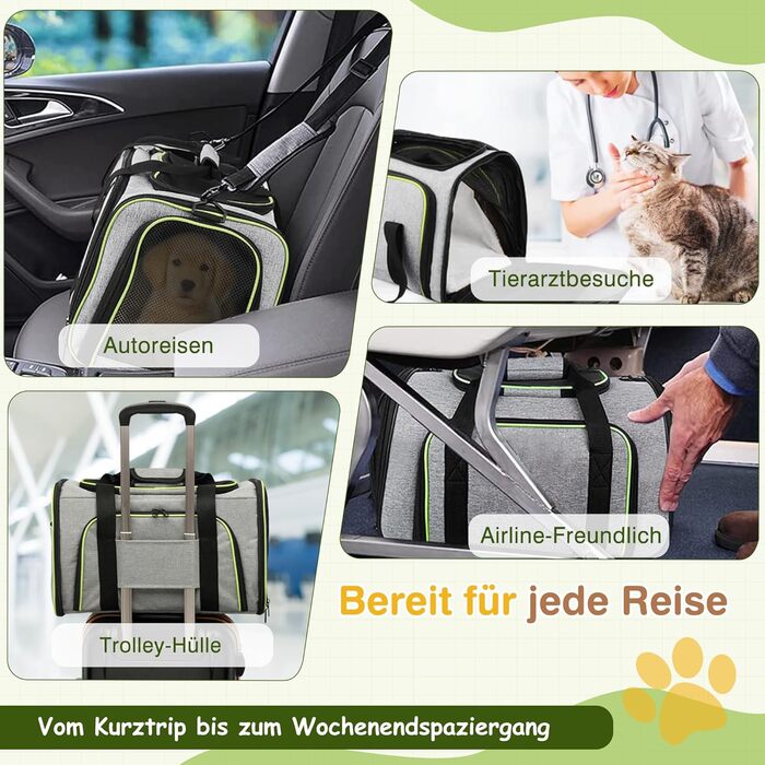 Транспортна сумка для котів та маленьких собак ALLSOPETS, розширювана, з підкладкою з флісу та кишенями (сірий & зелений)