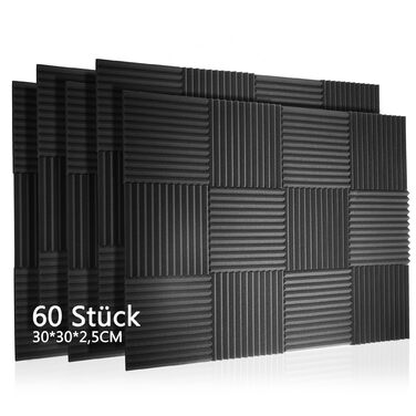 Акустичний поролон для звукоізоляції стін, набір 60 шт. панелей 30x30x2,5 см для студії, подкастів, офісу та запису звуку