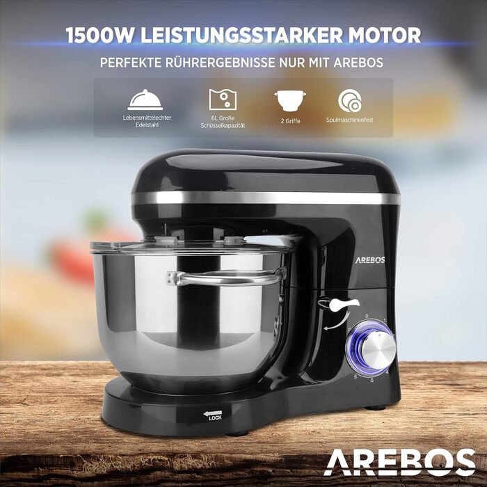 Arebos 1500W Stand Mixer with 6L Stainless Steel Bowl | Black | Includes Dough Hook, Whisk, Beater | Splash Guard | 6 Speed | Kitchen Mixer | Dough Machine
