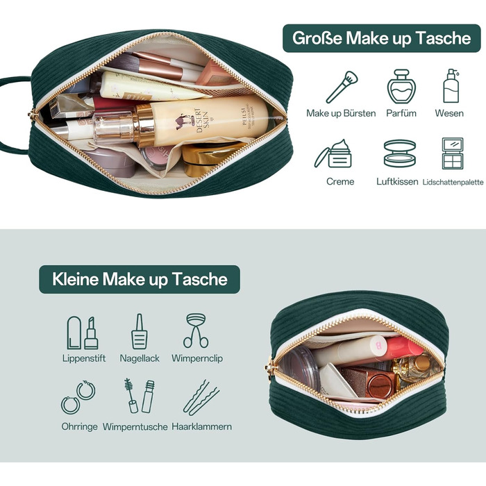 Косметичка жіноча KALIDI з корду, з відділеннями, металева блискавка, для подорожей, зелена
