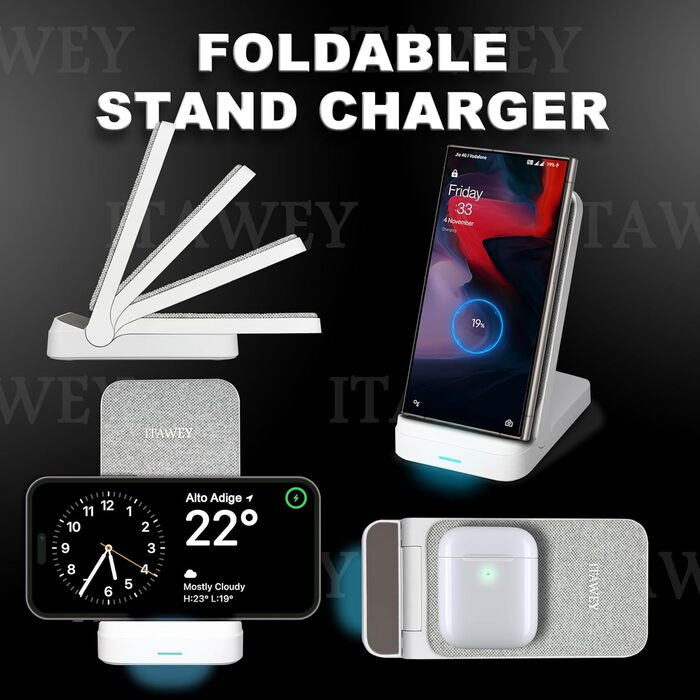 Бездротова зарядка 15W, складана, кабель 1.5м + USB-перехідник, сумісна з iPhone 15/14/13/12/11, Galaxy S25/S24/S23/S22/S21/S20/S10 та всіма Qi-телефонами, білий