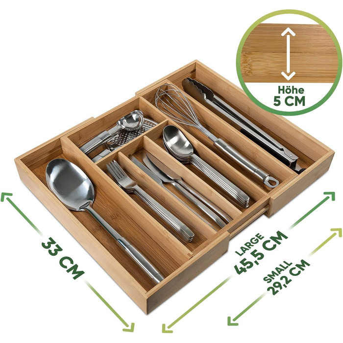 Loco Bird Cutlery Box for Drawers - 5 to 7 Compartments - Extendable Bamboo Cutlery Insert for Drawers - Drawer Organizer Kitchen - Drawer Insert Kitchen - Cutlery Organizer Drawer