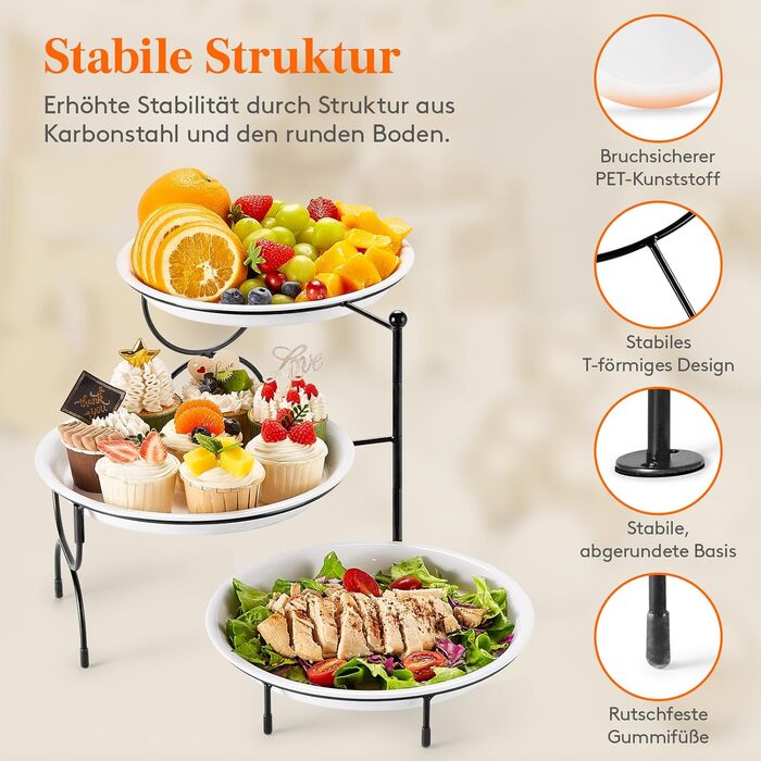 Lifewit 3-Tier Serving Tray, Round Serving Plates, White Reusable Food Trays with Display Stand for Buffets, Snacks, Vegetables, Fruit, Cookies, Dessert, Party Supplies, Black
