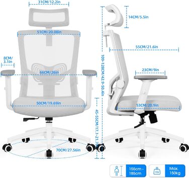 Ергономічне крісло Daccormax для офісу з регульованою підголівником, підлокітниками та підтримкою попереку. Офісне крісло, поворотне, з функцією гойдання, mesh-сидіння, для спини, до 150 кг (сірий)
