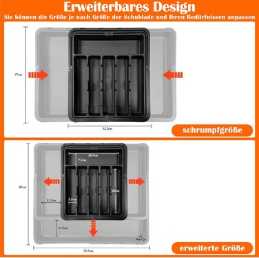 WwuHua Cutlery Box for Drawers, Drawer Insert Kitchen, Cutlery Insert for Drawers with Expandable Sides, 4-Sided Organizer Drawer Kitchen with 2 Knife Holders, Black