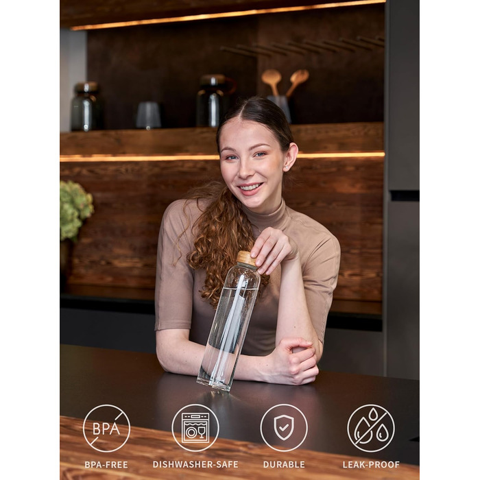 spottle Glass Water Bottle 1L - Glass Bottle in 500ml - 750ml or 1 Liter - Glass Water Bottle suitable for carbonated drinks – Dishwasher-safe & leak-proof glass drinking bottle (1000 ml, Transparent / Bamboo lid)