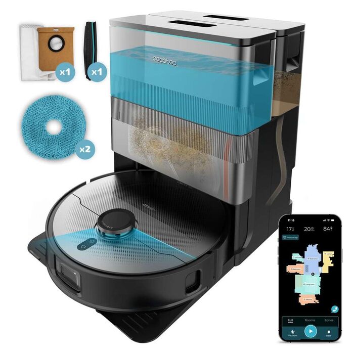Робот-пилосос та робот-мийник Cecotec Conga X100 з автопорожненням та керуванням через додаток. Лазерна навігація, інтелектуальне картографування, 15000Pa, 240 хв роботи, знімні мікрофібри, станція з 3 резервуарами