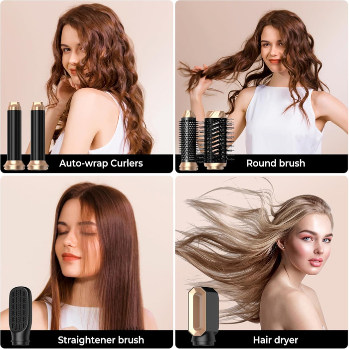 Набір для укладки волосся OKWRAP Airstyler 6 в 1: фен-щітка, автоматична завивка, об'ємні насадки, чорний/золотий