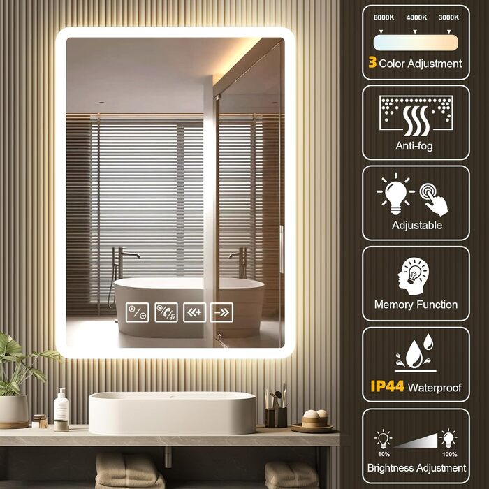 Дзеркало для ванної кімнати з підсвічуванням 50x70 см з Bluetooth, годинником, функцією проти запотівання та сенсорним вимикачем, 3 кольори світла, регулювання яскравості