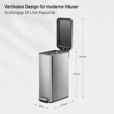 Відро для сміття EKO Madison 30L з винімним контейнером, м'яким закриттям кришки, стійке до відбитків пальців, нержавіюча сталь, прямокутне, з мішками для сміття 20 шт. (50L)