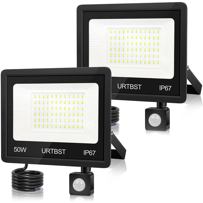 LED прожектор з датчиком руху для вулиці, 50Вт, 5000Лм, IP67, 7000K холодне біле світло, надяскравий, для саду, гаража, подвір'я (2 шт)
