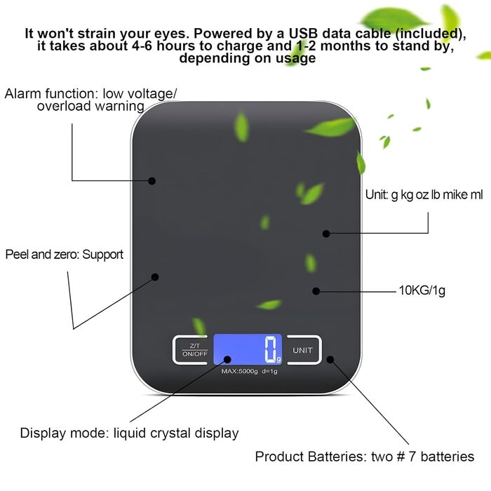 Цифрова кухонна вага, 10 кг/1 г, USB, акумулятор, LCD дисплей, функція тарування, професійна, металевий корпус (білий/чорний)