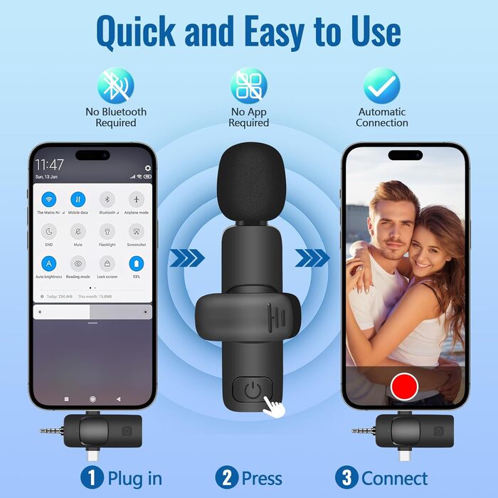 Набір бездротових петличних мікрофонів 2 шт. з шумозаглушенням, Plug & Play для iPhone, Android, iPad, Laptop, для відеозйомки, подкастів, Vlog, YouTube, TikTok