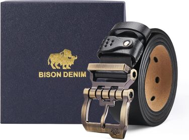 Чоловічий шкіряний ремінь BISON DENIM: стильний аксесуар для джинсів та ділового образу. Ширина 38 мм, колір чорний, з подарунковою коробкою (W71694-1bm-schwarz 110)