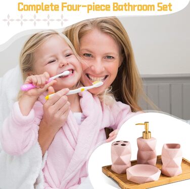 Bathroom Accessories Set, including soap dispenser, toothbrush holder, cup, soap dish, modern, elegant, bathroom organizer, ceramic bathroom decor set (Pink)
