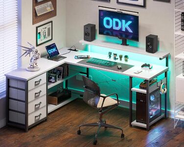 Стол письмовий ODK з шухлядами, кутовий, з 2 розетками та 2 USB-портами, L-подібний офісний стіл з LED-підсвічуванням для дому та офісу, 135×110 см (Білий)