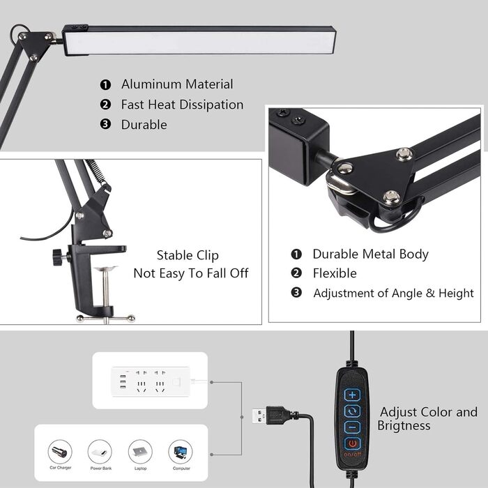 SKYLEO Dimmable Desk Lamp with Clip - Eye Protection LED Desk Light - 3 Modes & 10 Brightness Levels - Black