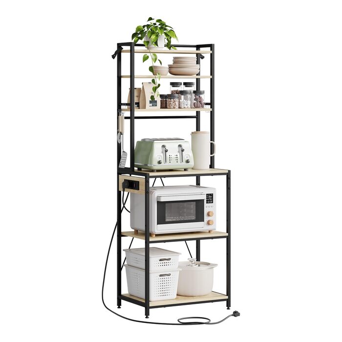 Кухонна полиця WOLTU з 6 ярусами, з розетками, для мікрохвильової печі, з металевим каркасом, регульовані полиці, Чорний+Рустикальний коричневий, 60 x 167 x 40 см