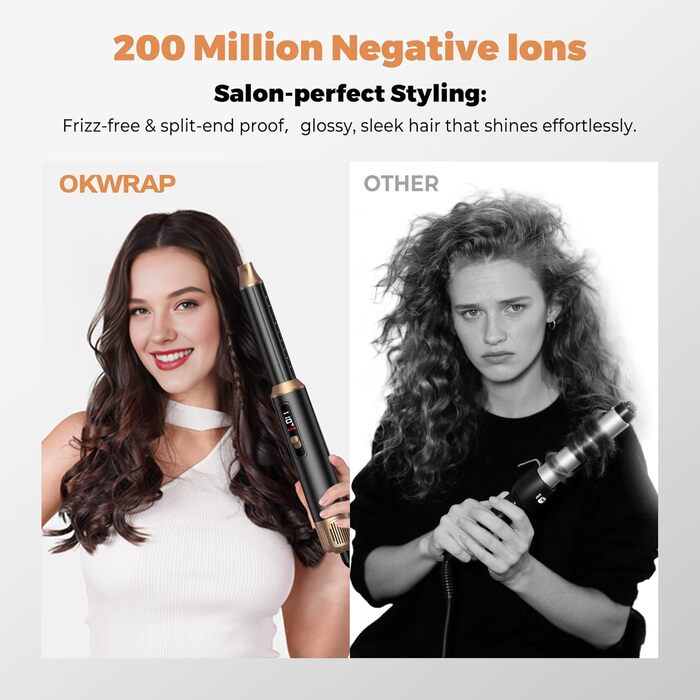 OKWRAP Haarstyler 5-в-1: Airbrush з LCD, Набір для укладки волосся, Фен з насадками, Випрямляч, Локони, Чорний