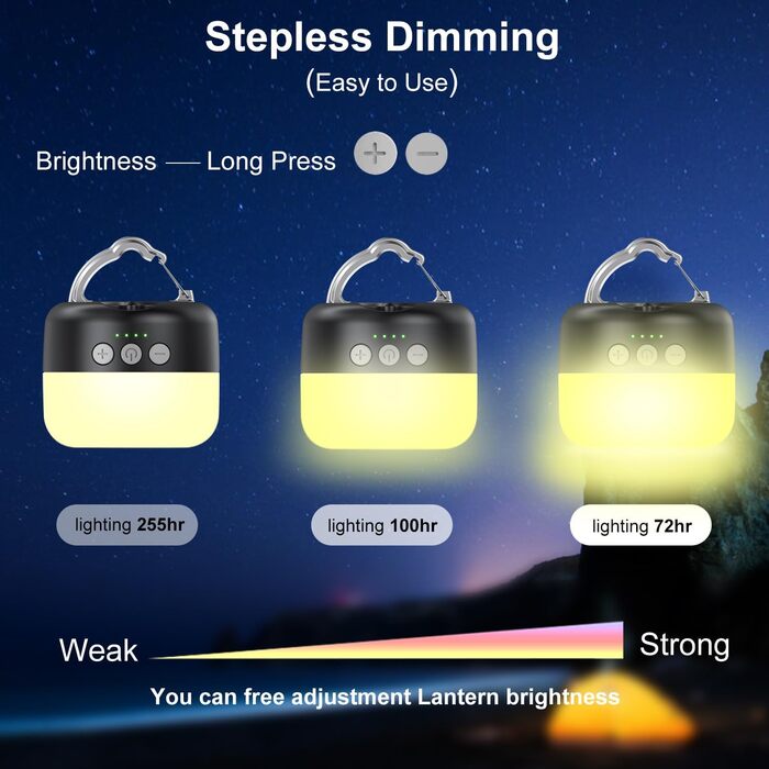 Camping Lamp, LED Camping Lantern USB Rechargeable with 5200 mAh, 4 Brightness Modes & Dimmable (Stepless) & Built-in Strong Magnet Camp Light for Hiking, Emergency