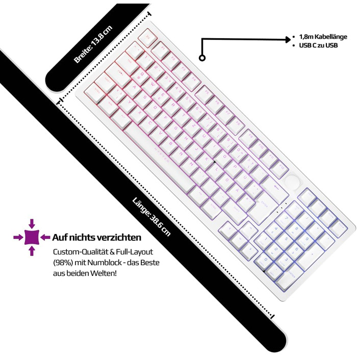 Ігрова клавіатура Nyfter NYFBOARD GEN2 (98%, White) з Gateron Yellow, Hot-Swappable, RGB, ISO DE Layout