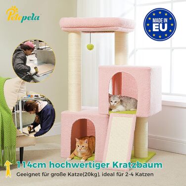 PETEPELA Scratching Post with Dual Condos for Apartment Cats, All-in-One Cat House with Padded Perch, Scratch Ramp and Posts, and Replaceable Balls (Pink, L 113cm)