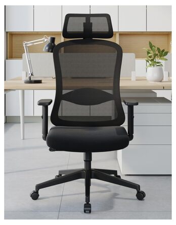 Ергономічне крісло для офісу, обертовий офісний стілець з подушкою для попереку, регульовані підголівник та підлокітники, крісло для керівника до 150 кг (Чорний)