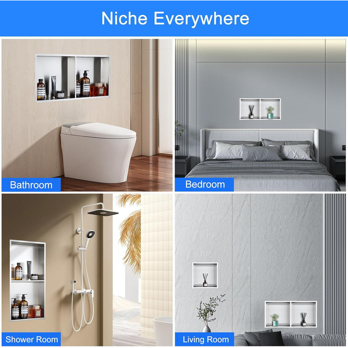 KINKIBOS Recessed Shower Niche, Stainless Steel, No Tiles Required, Built-in Shower Niche 60 x 30 x 10 cm, Shower Niche with Double Shelf Storage