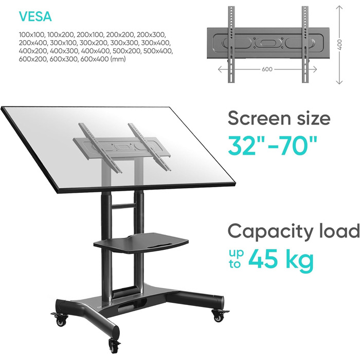 ONKRON Mobile TV Stand with Wheels - Adjustable Height & Tilt for 32-70 inch TVs (up to 45kg) - VESA 600x400 - Black