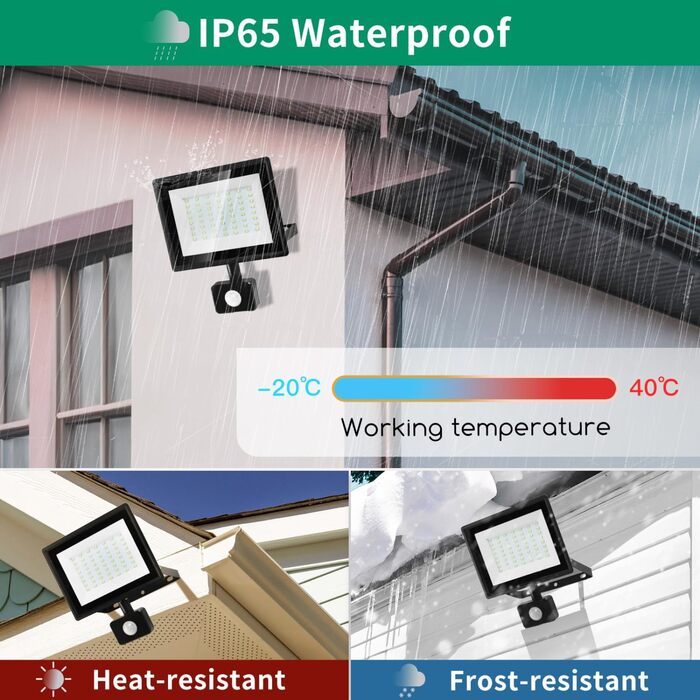 Aigostar 20W LED Floodlight with Motion Sensor Outdoor, 1650LM 6500K Cool White Outdoor Floodlight, IP65 Waterproof Spotlight, Outdoor Light for Garden, Courtyards, Garage, Hotel, 2PC (50W, 2PC)