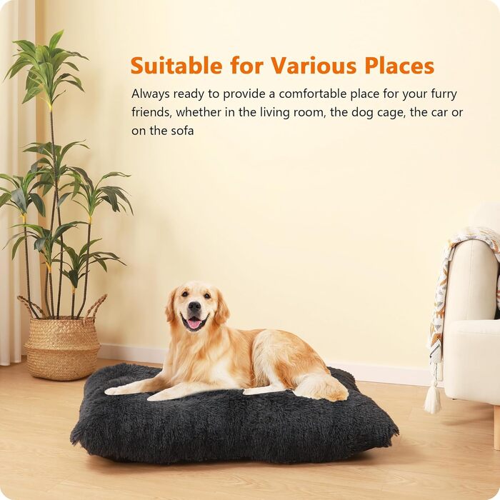 Dog Bed, Fluffy Dog Mats, Longer Plush Dog Cushion, Washable, Non-Slip Bottom, 110 cm for Medium and Large Dogs (L 110 x W 73 x H 10 cm, Dark Grey)