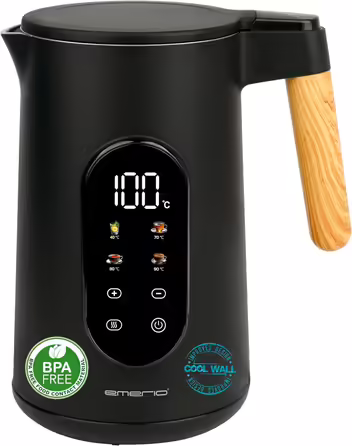 EMERIO Kettle | TEST WINNER House & Garden Test 02/2019 | made of high-quality borosilicate glass | with temperature selection (60-70-80-90-100°C) | BPA-free | AutoOff & dry boil protection | 2200W | WK-119255.5 (Black/Wood Look)
