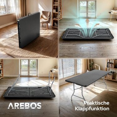 Складаний садовий стіл Arebos Buffettisch 182x74x74 см, чорний | для 8 осіб | з ручкою для перенесення | стіл для вечірок та кемпінгу