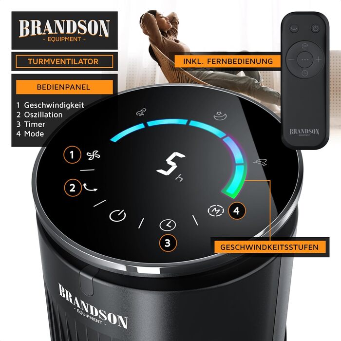 Вентилятор Brandson з дистанційним керуванням, арома-відсіком, тихий, з осциляцією, таймером, 4 режими, 5 швидкостей, LED дисплеєм, чорний