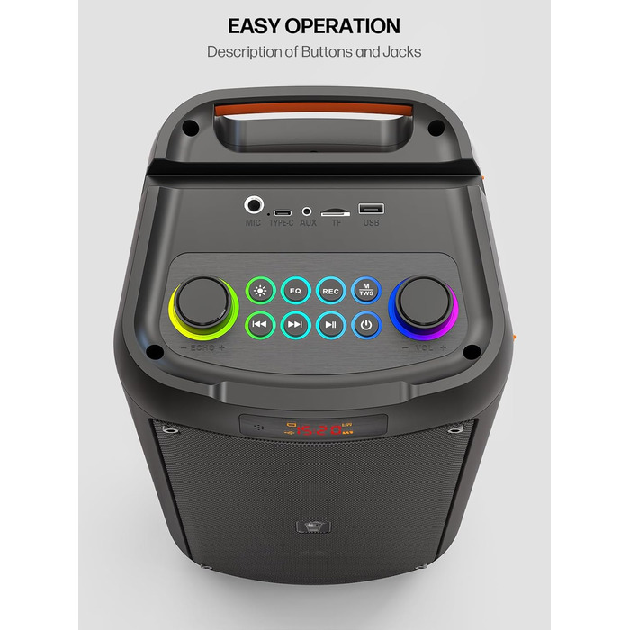 Портативна караоке-машина з Bluetooth, 2 мікрофонами, світлодіодним підсвічуванням та підтримкою USB/TF/Rec/FM/AUX