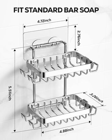 Підставка для мила Nieifi з двома ярусами та зливом, нержавіюча сталь, без свердління, для душової кабіни та ванної кімнати (срібляста)