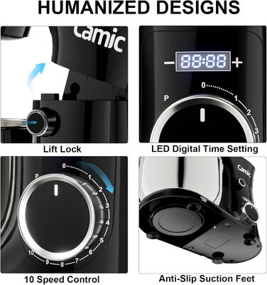 Кухонний комбайн-міксер Camic з LED-дисплеєм, 10 швидкостей, 3 насадки (вінчик, міксер, гак) та 2 чашами з нержавіючої сталі 4л і 5л для тіста, хліба та тортів, чорний