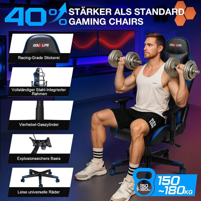 Ігровий крісло Douxlife з масажем, підніжкою, ергономічний офісний крісло, регулювання спинки 90-175°, регульовані підлокітники 2D, для PC геймерів, 150-180 кг, чорно-синій