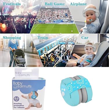 Навушники для захисту від шуму для немовлят, блакитні. Зменшують шум до 25 dB, регульоване антиковзне кріплення до 36 місяців, м'які та легкі.