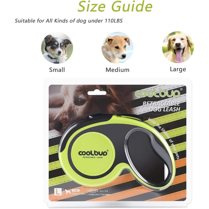 Висувна поводок для собак, 5 м, міцний поводок-рулетка з неслизькою ручкою та кнопкою швидкого гальмування, для великих собак до 50 кг, (зелений)