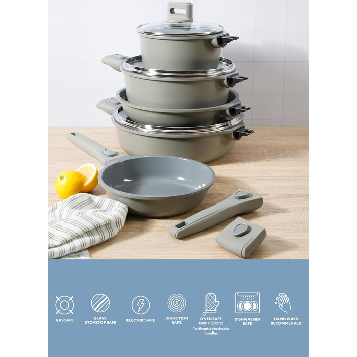 Набір кухонного посуду Sur La Table Kitchen Essentials 13 предметів, керамічне покриття, антипригарне, для індукційних плит, знімний ручка, зелений мох
