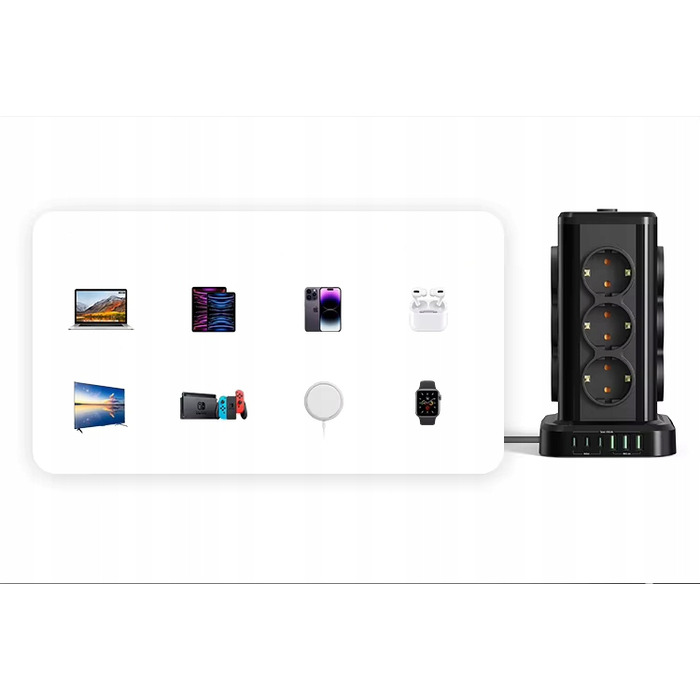 Мережевий фільтр Perys: 12 розеток, 3x USB-A, 3x USB-C, 2 м, чорний