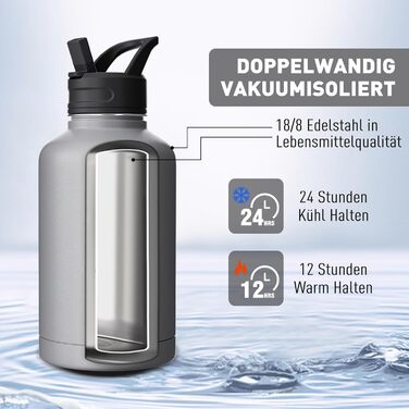 2L Stainless Steel Water Bottle with Straw, Double-Insulated Water Bottle 2 Liter with Two Lids and Protective Silicone Boot, Paracord Handle for Easy Carrying - (2000 ml, Grey)