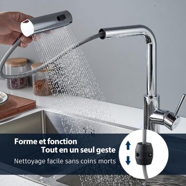Змішувач для кухні BELZ з висувною лійкою, 3 режими, поворотний на 360°, з нержавіючої сталі SUS304, матовий хром