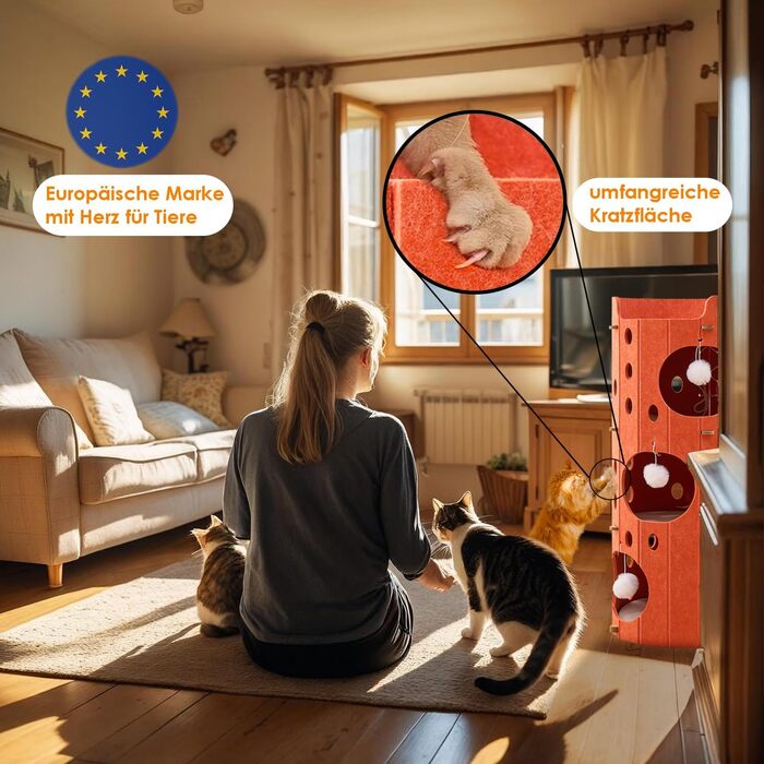 Котяча кігтеточка преміум-класу з 4 ярусами та 3 будиночками, філц, 90 см, зелений (помаранчевий), 35x35x90 см