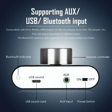 Nobsound Міні Bluetooth 5.0 цифровий підсилювач HiFi стерео 2.0 каналів 2×50 Вт, бездротовий аудіоприймач з блоком живлення, чорний